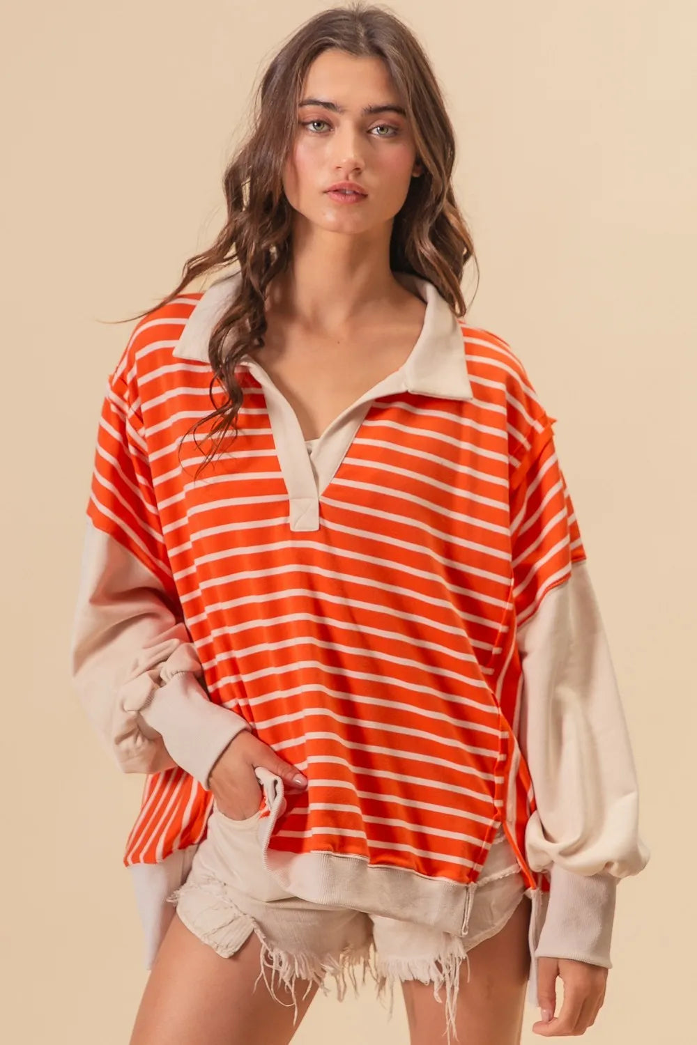 BiBi Stripe Knit Loose Fit Top With Cut Edge Detail OutfitFlow