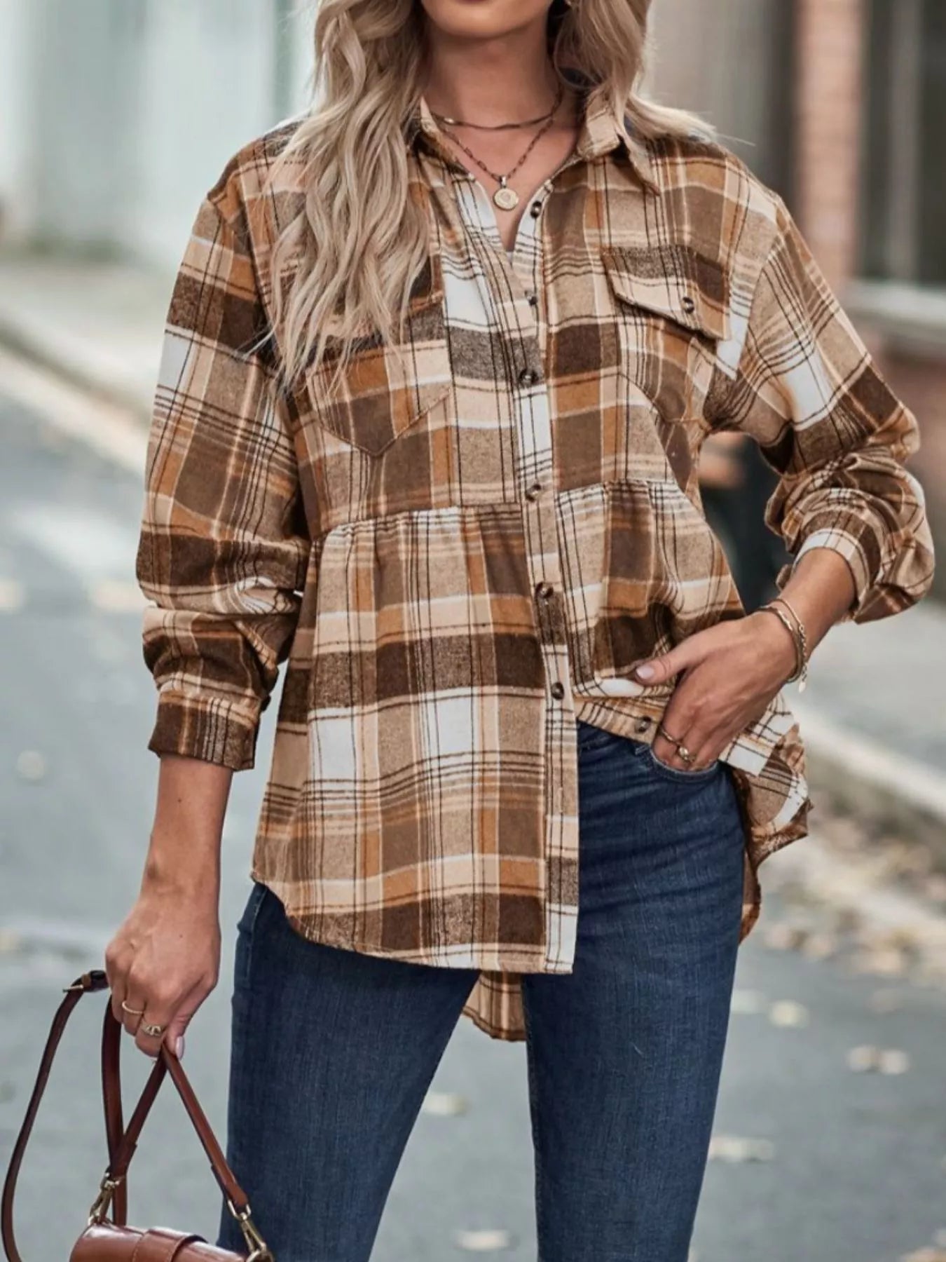 Plaid Button-Down Long Sleeve Shirt Tan OutfitFlow