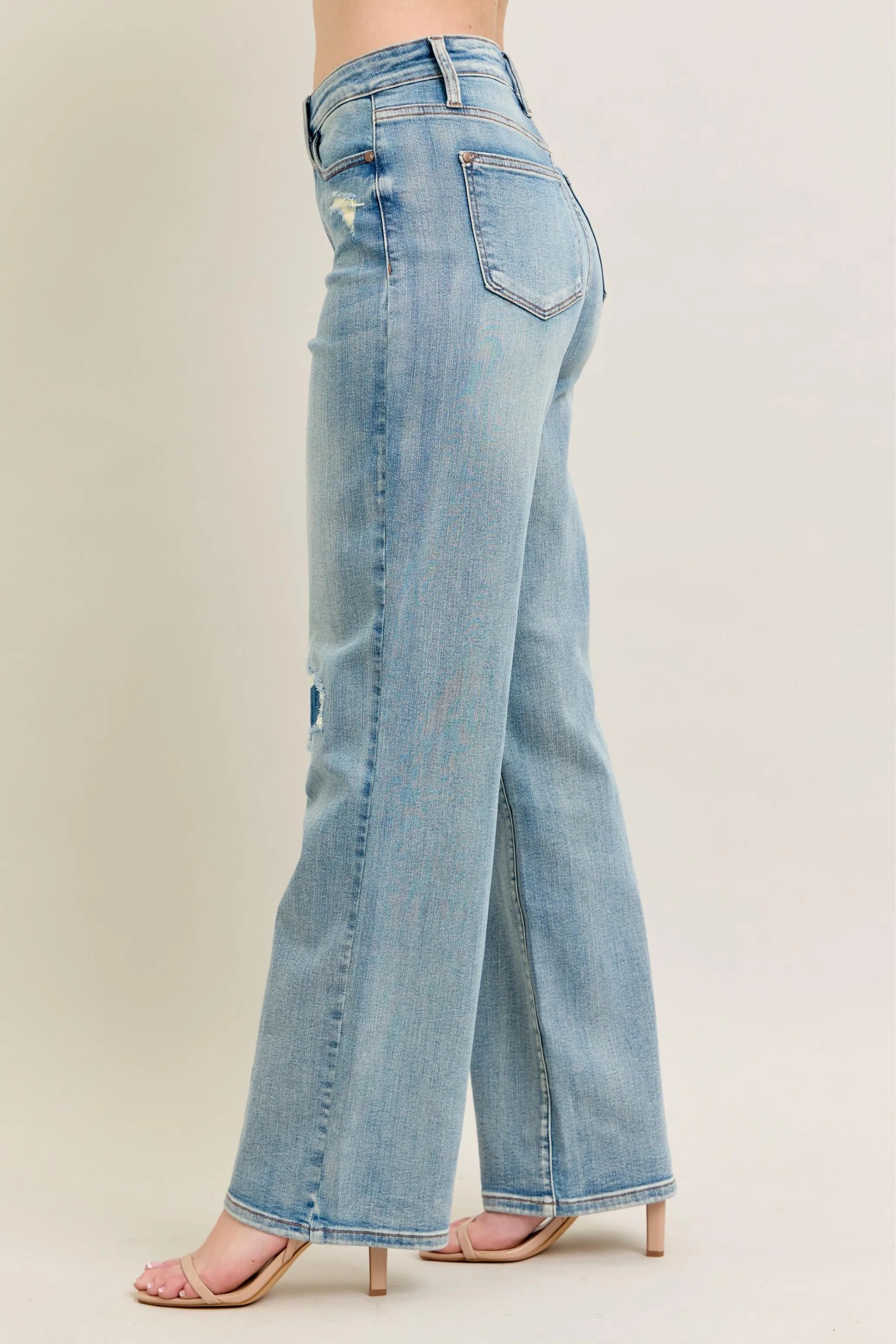 Judy Blue Full Size Hw Destroy & Knee Patch Straight Jeans Plus Size OutfitFlow
