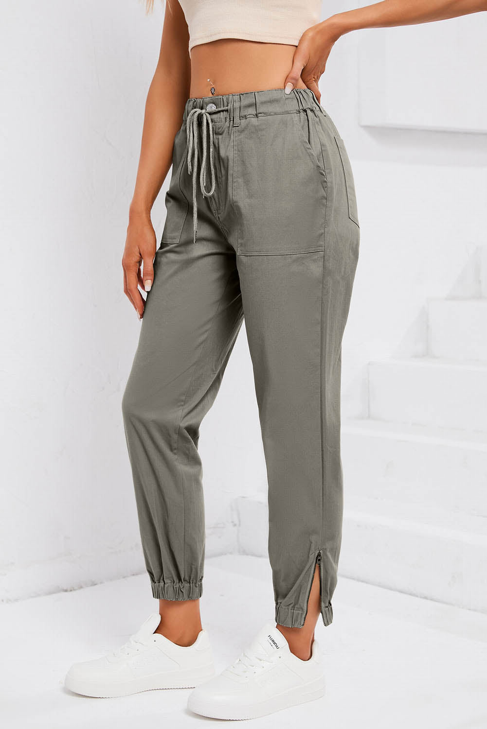 Drawstring Side Zip Joggers OutfitFlow