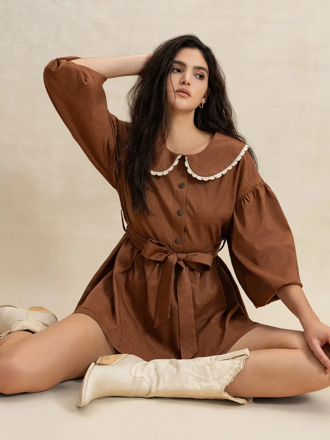 Peter Pan Collar Balloon Sleeve Top and Shorts Set OutfitFlow