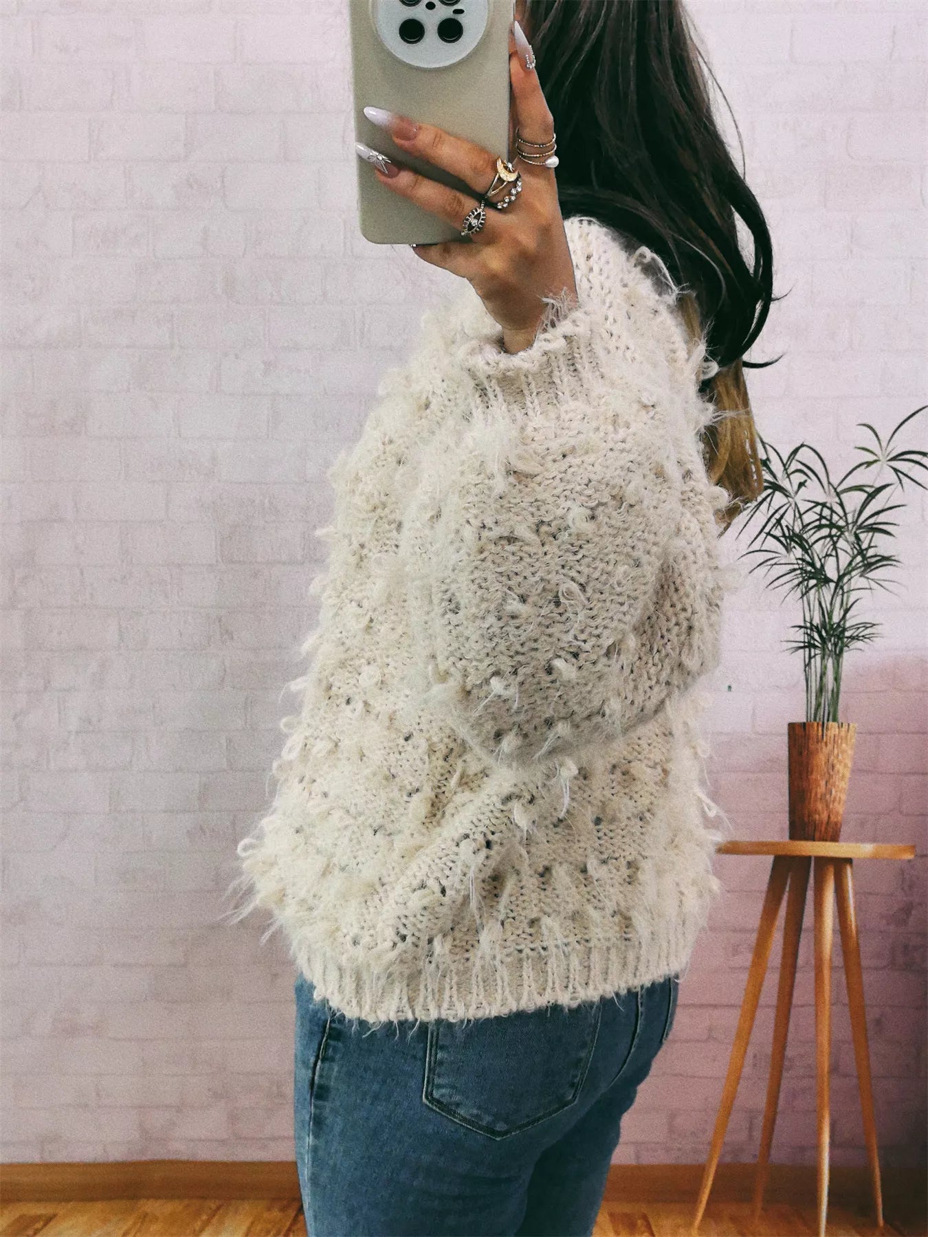 Chunky Round Neck Long Sleeve Sweater OutfitFlow