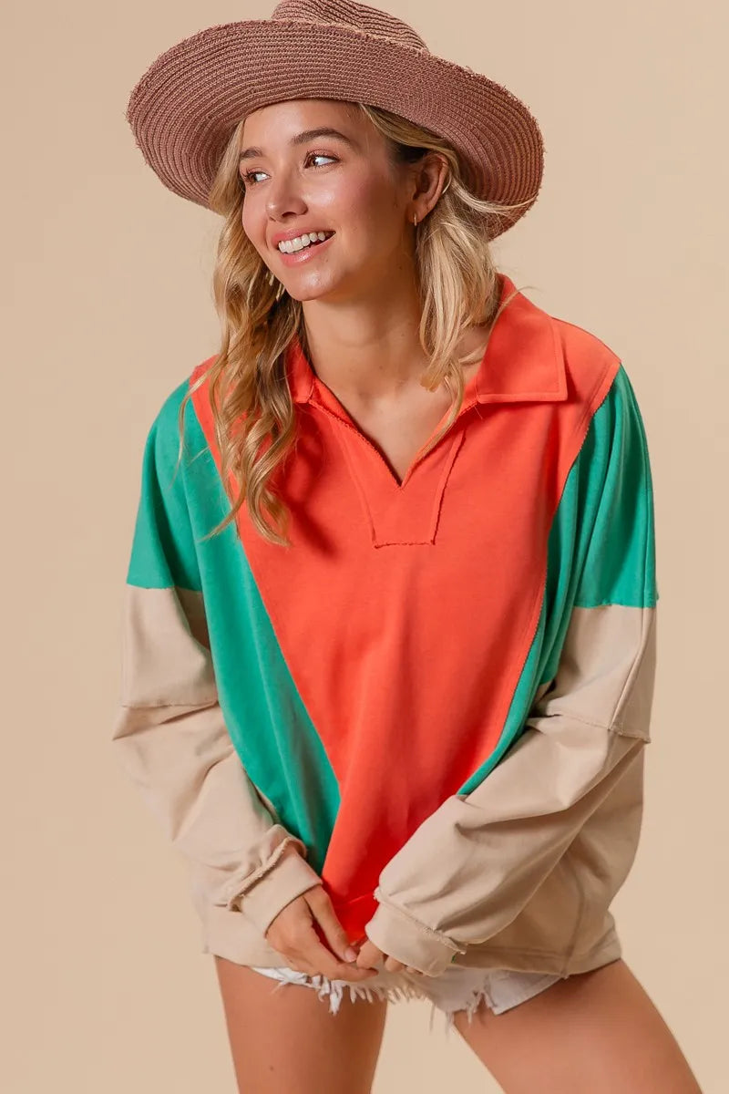 BiBi Colorblock Exposed Seam French Terry Sweatshirt OutfitFlow