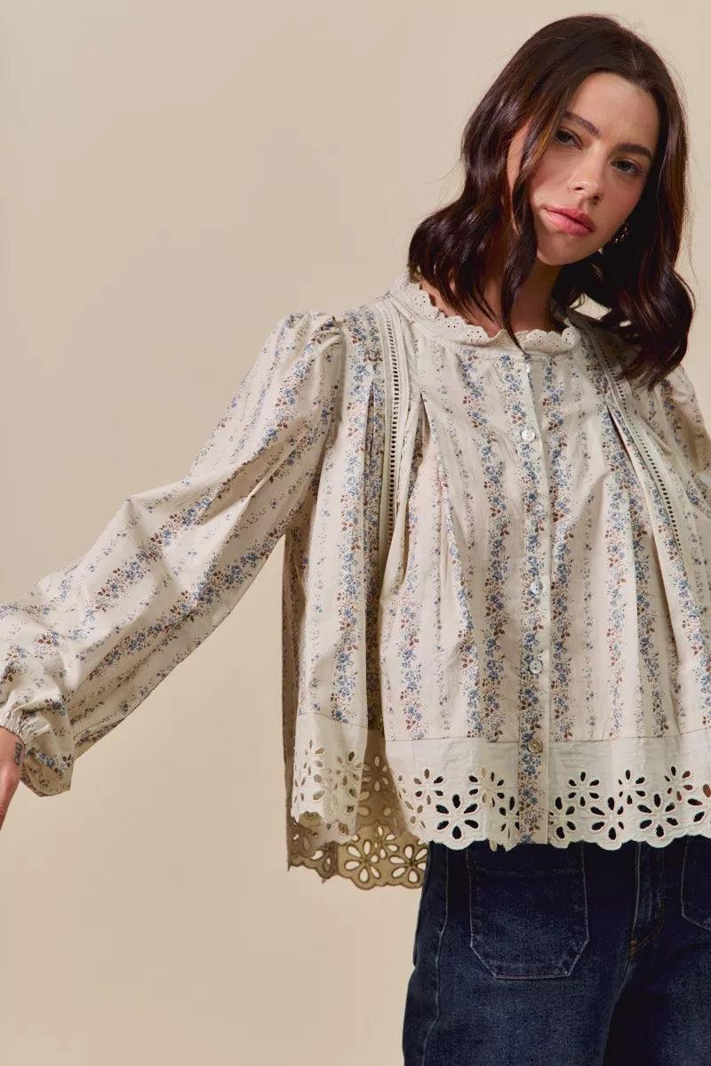 SO ME Floral Print Lace Button Down Shirt OutfitFlow
