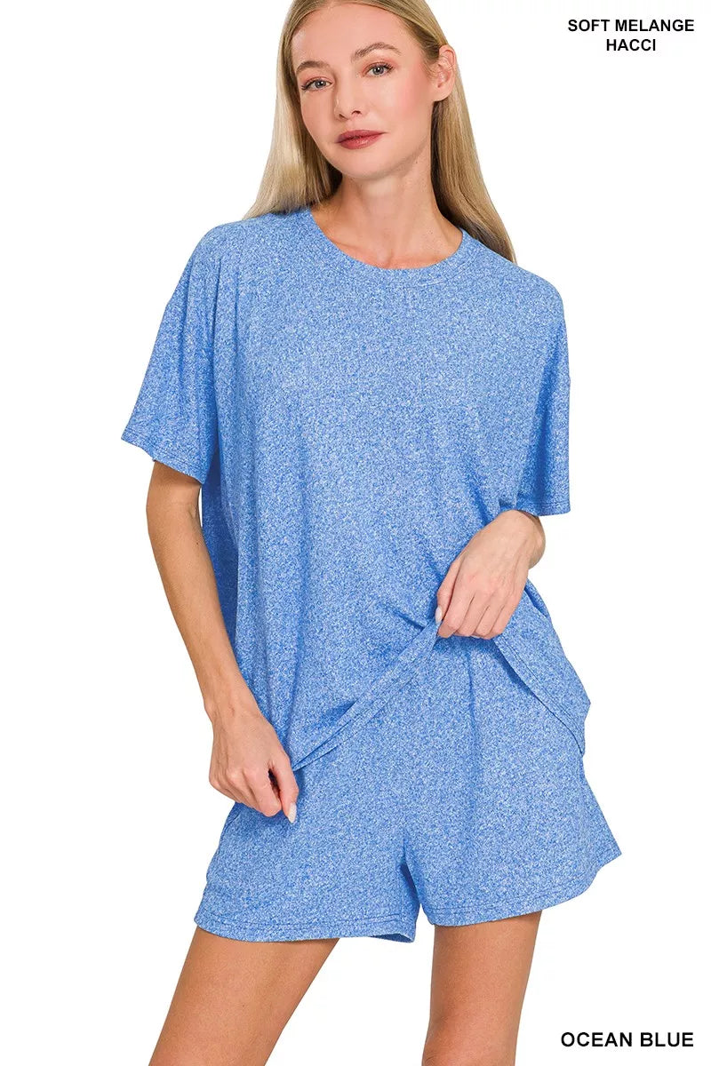 Zenana Soft Melange Short Sleeve Tee and Shorts Set OCEAN BLUE OutfitFlow