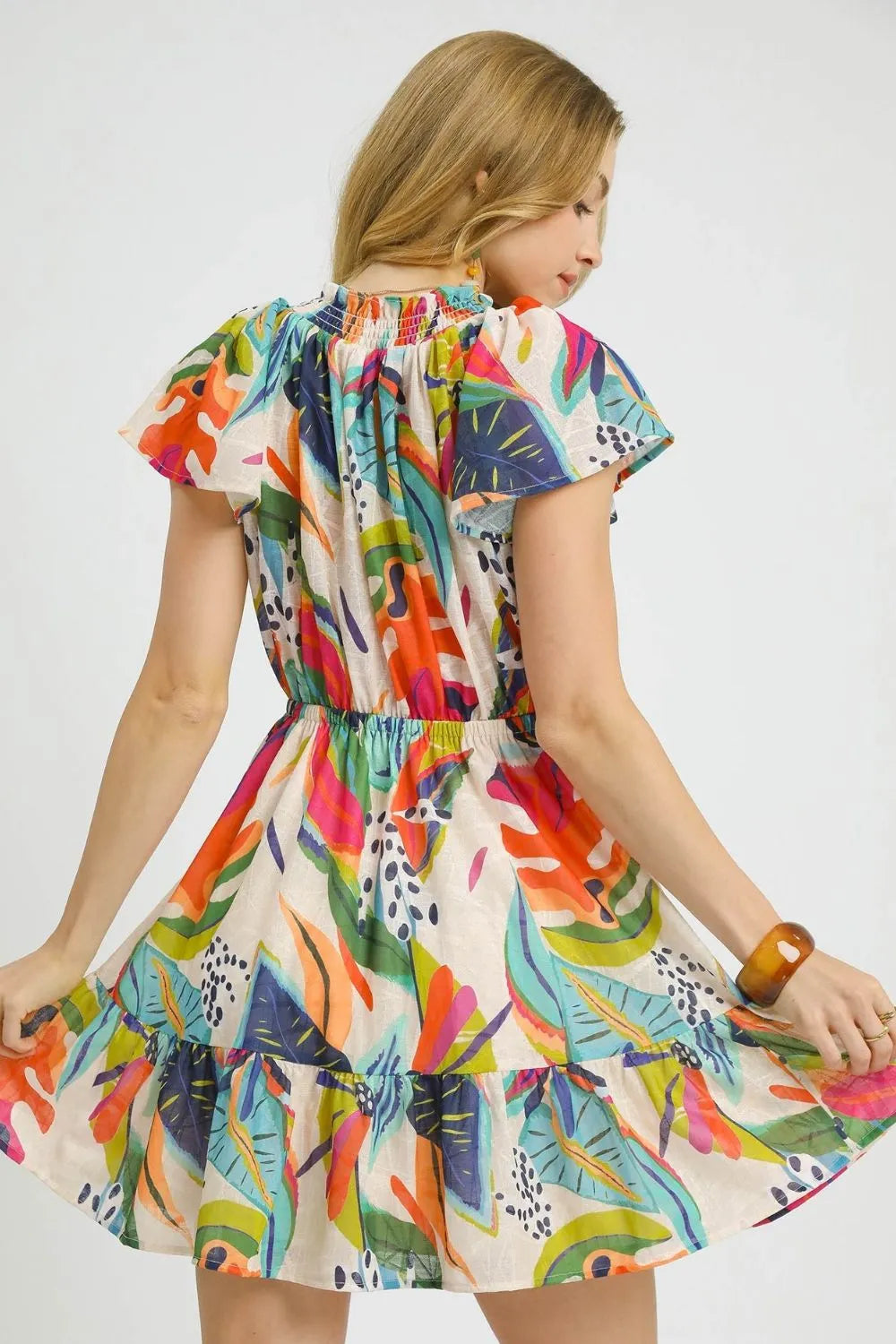 Umgee Printed Tie Neck Ruffled Hem Dress OutfitFlow