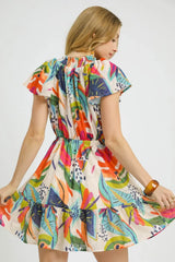 Umgee Printed Tie Neck Ruffled Hem Dress OutfitFlow