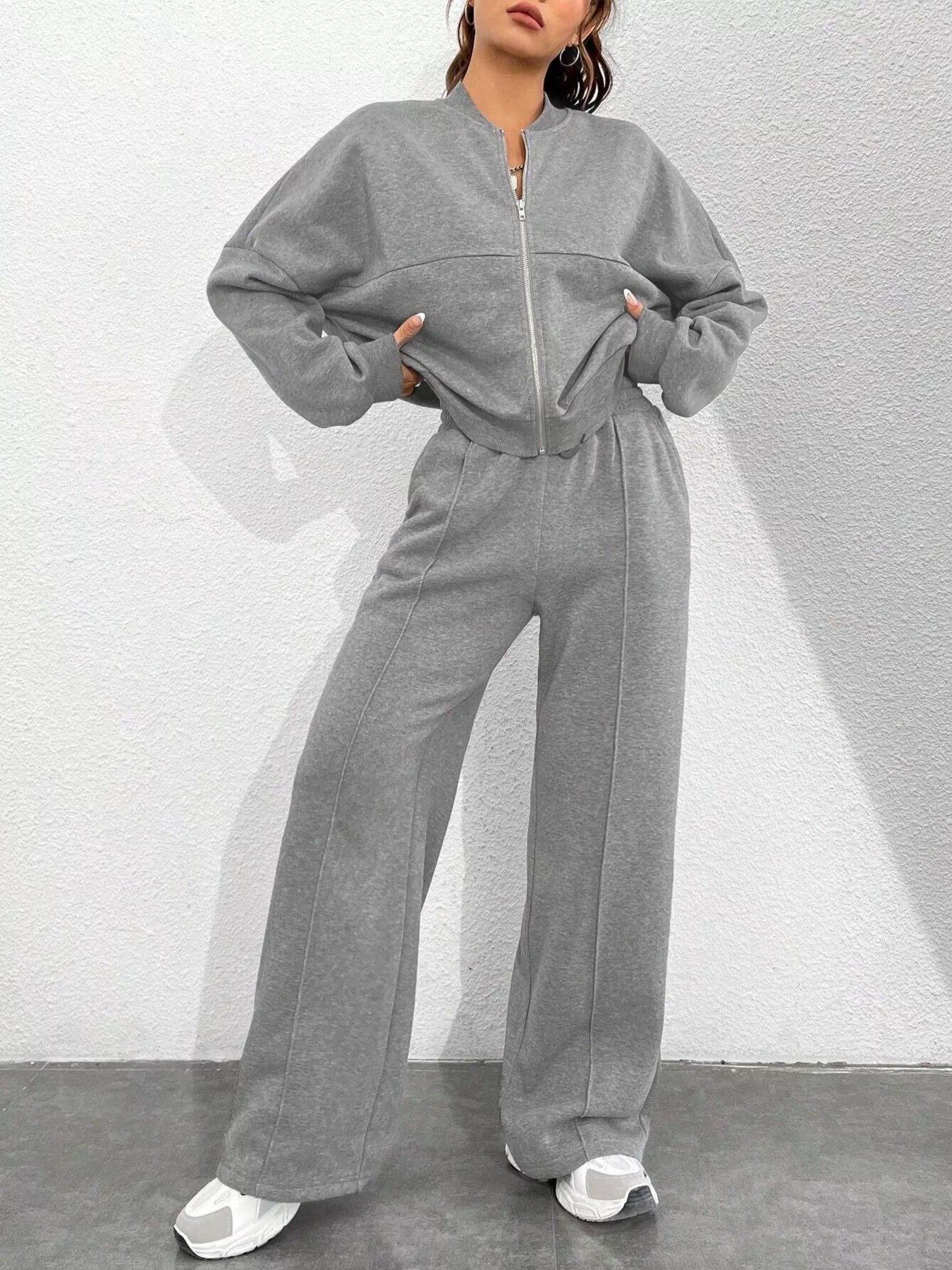 Casual Solid Color Zipper Jacket and Wide Leg Pants Set Grey OutfitFlow
