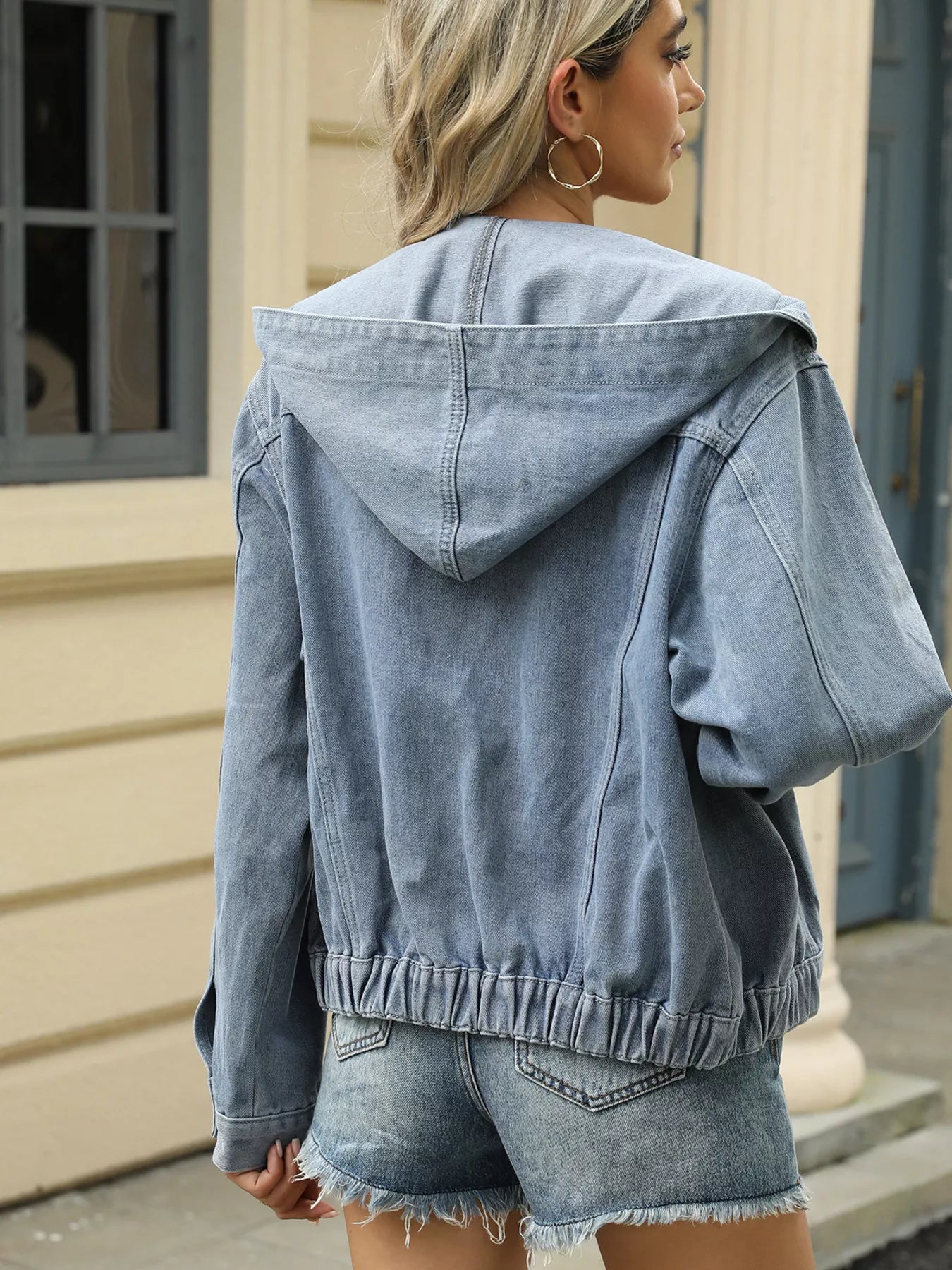 Washed Button Up Hooded Denim Jacket OutfitFlow