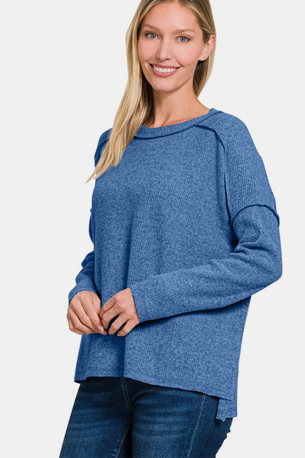 Outfit Flow - Zenana Full Size Exposed Seam Brushed Round Neck Sweater