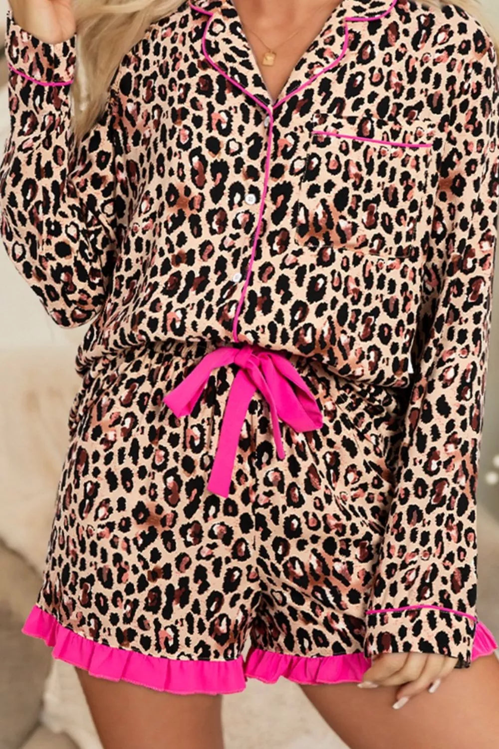 Leopard Print Contrast Trim Long Sleeve Shirt and Drawstring Ruffle Hem Shorts Set OutfitFlow