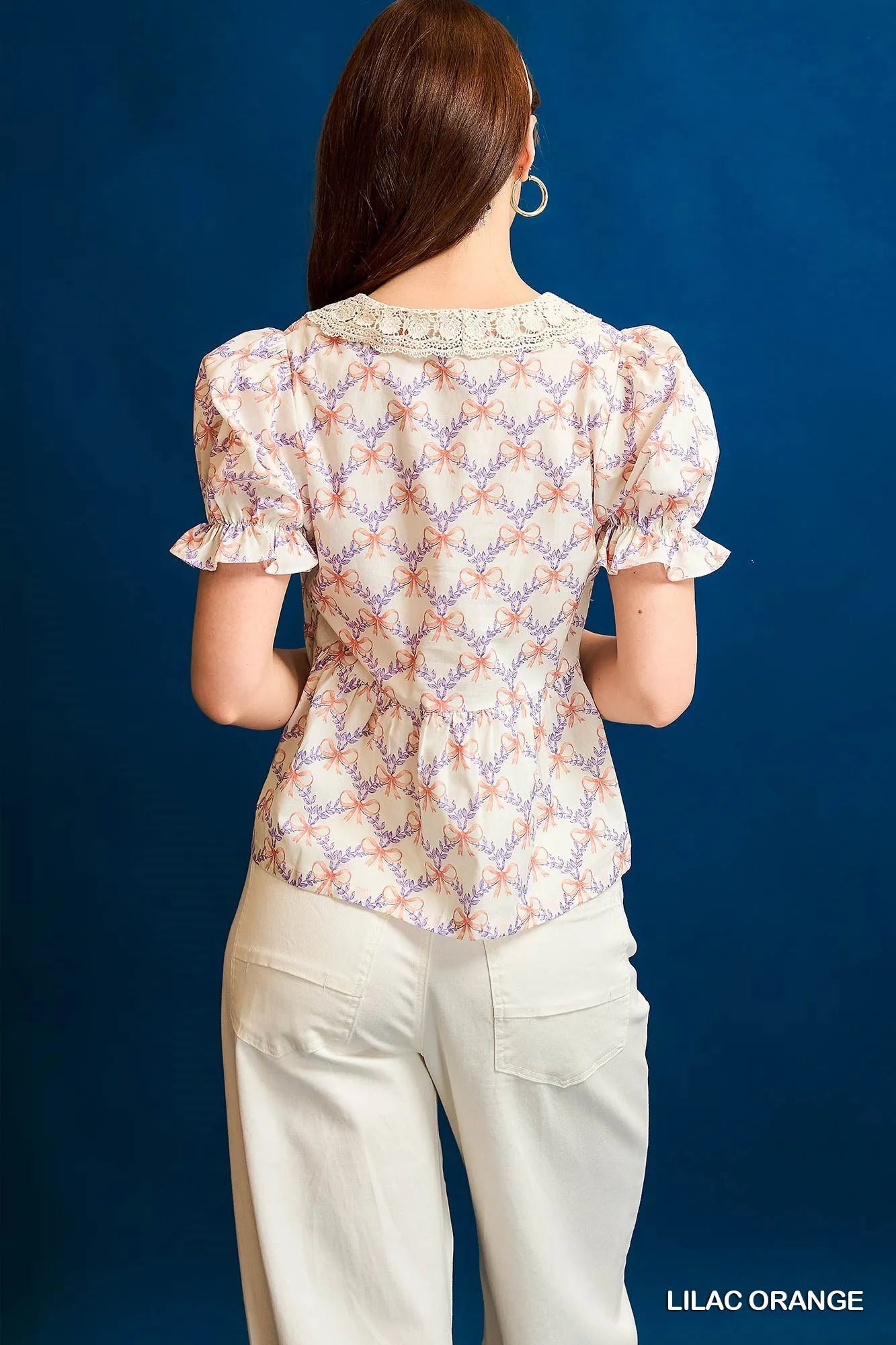Umgee Lace Detail Bow Print Flounce Sleeve Blouse OutfitFlow