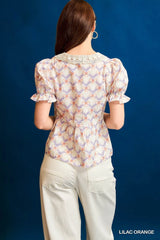 Umgee Lace Detail Bow Print Flounce Sleeve Blouse OutfitFlow