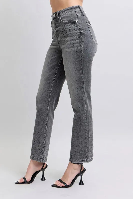 Judy Blue Full Size High Waist Rhinestone Straight Jeans Plus Size OutfitFlow