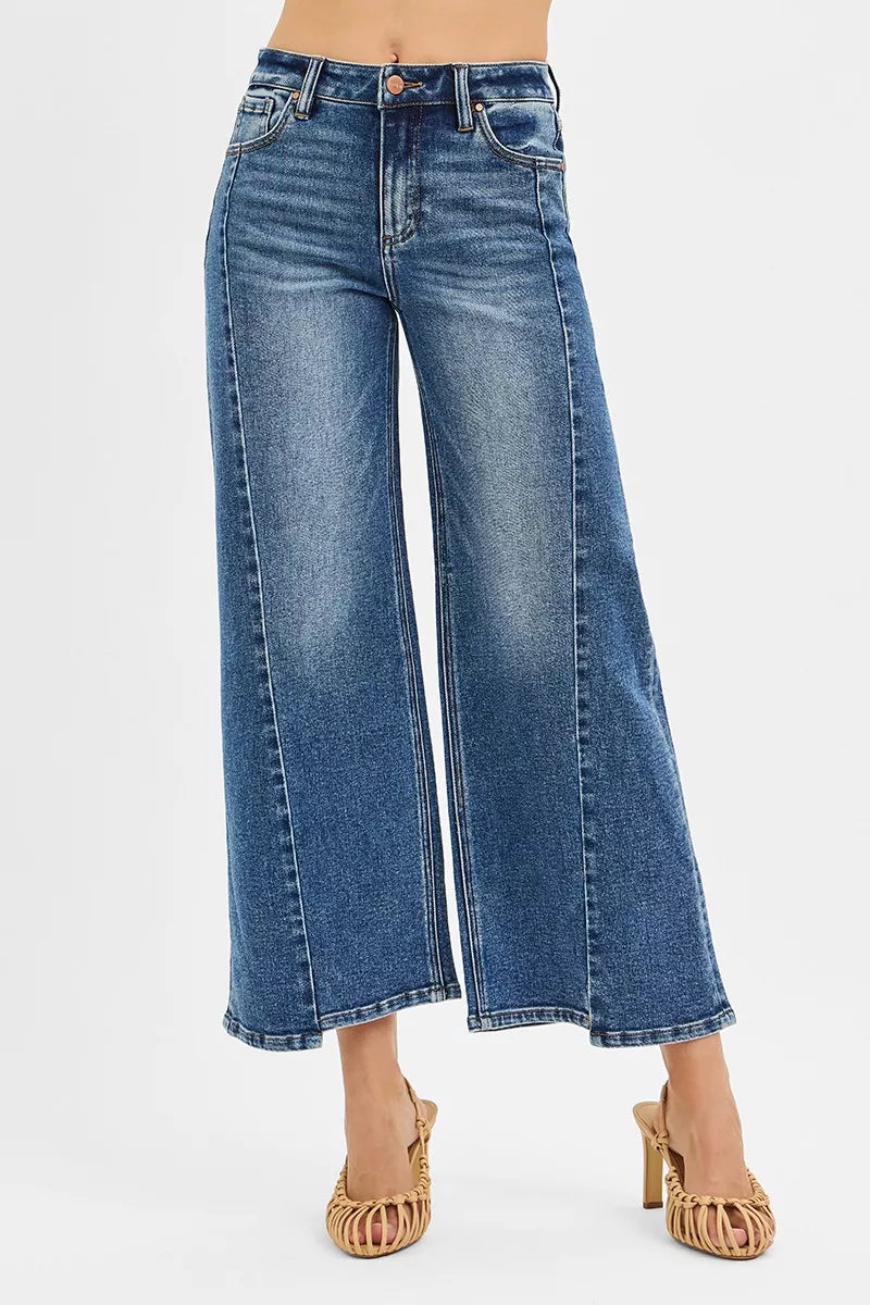 RISEN High Rise Crop Wide Leg Jeans with Step Hem DARK OutfitFlow