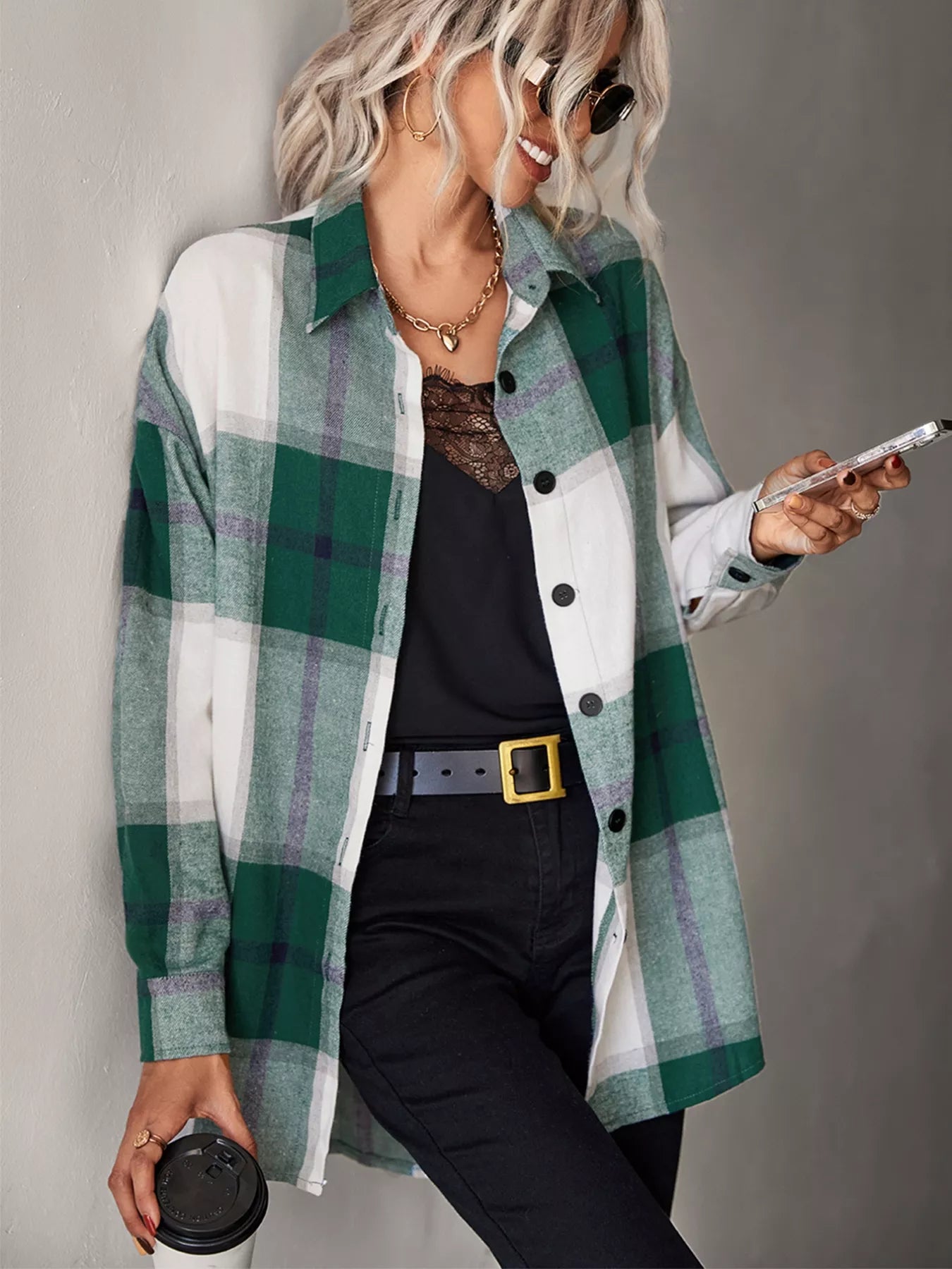Plaid Button-Down Long Sleeve Shirt Dark Green OutfitFlow