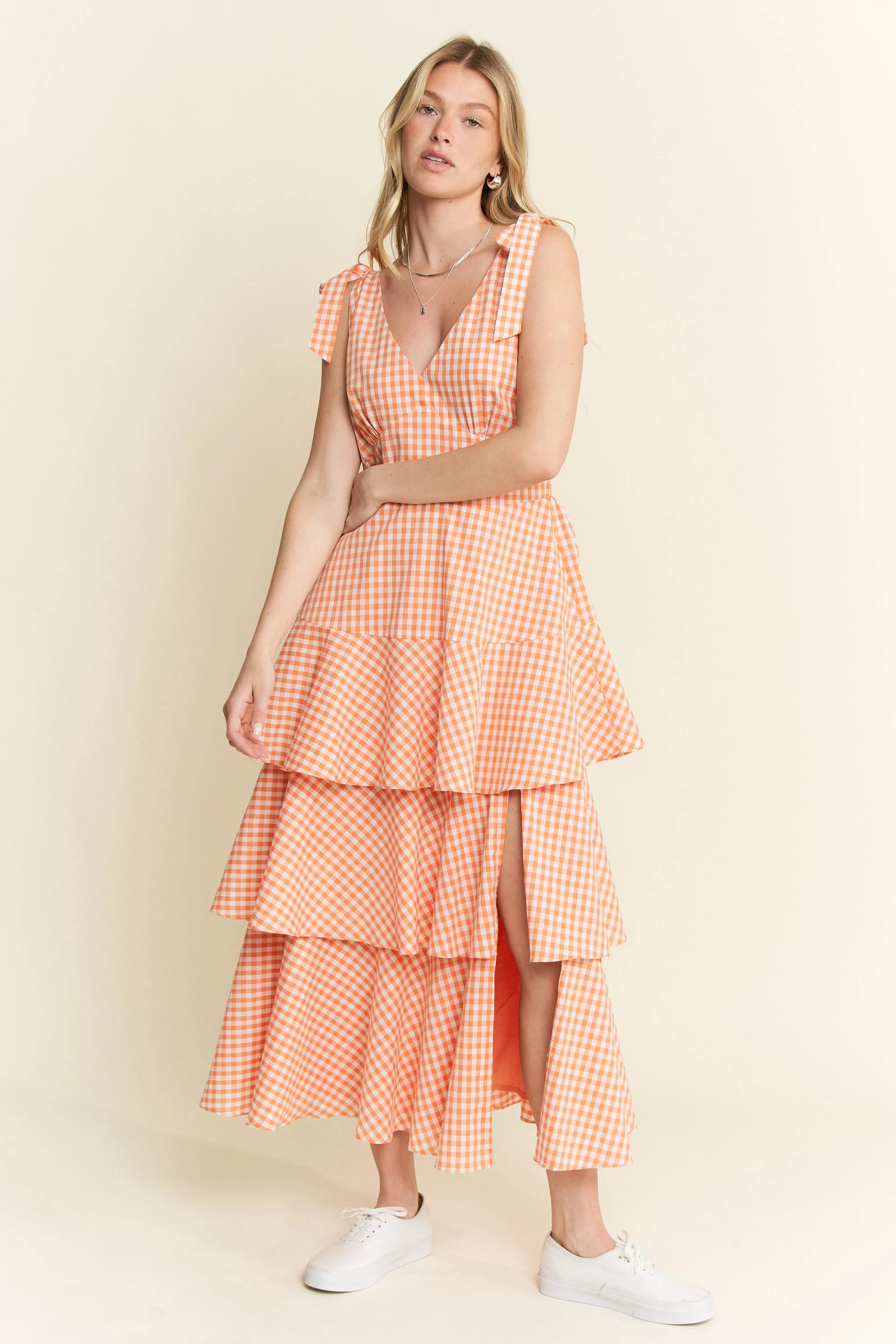 Jade By Jane Sleeveless Gingham Print Tiered Midi Dress OutfitFlow
