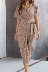 Devine Collared Neck Short Sleeve Midi Shirt Dress OutfitFlow
