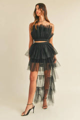MABLE Tulle Tube Ruffle Crop Top and High Low Maxi Skirt Set OutfitFlow