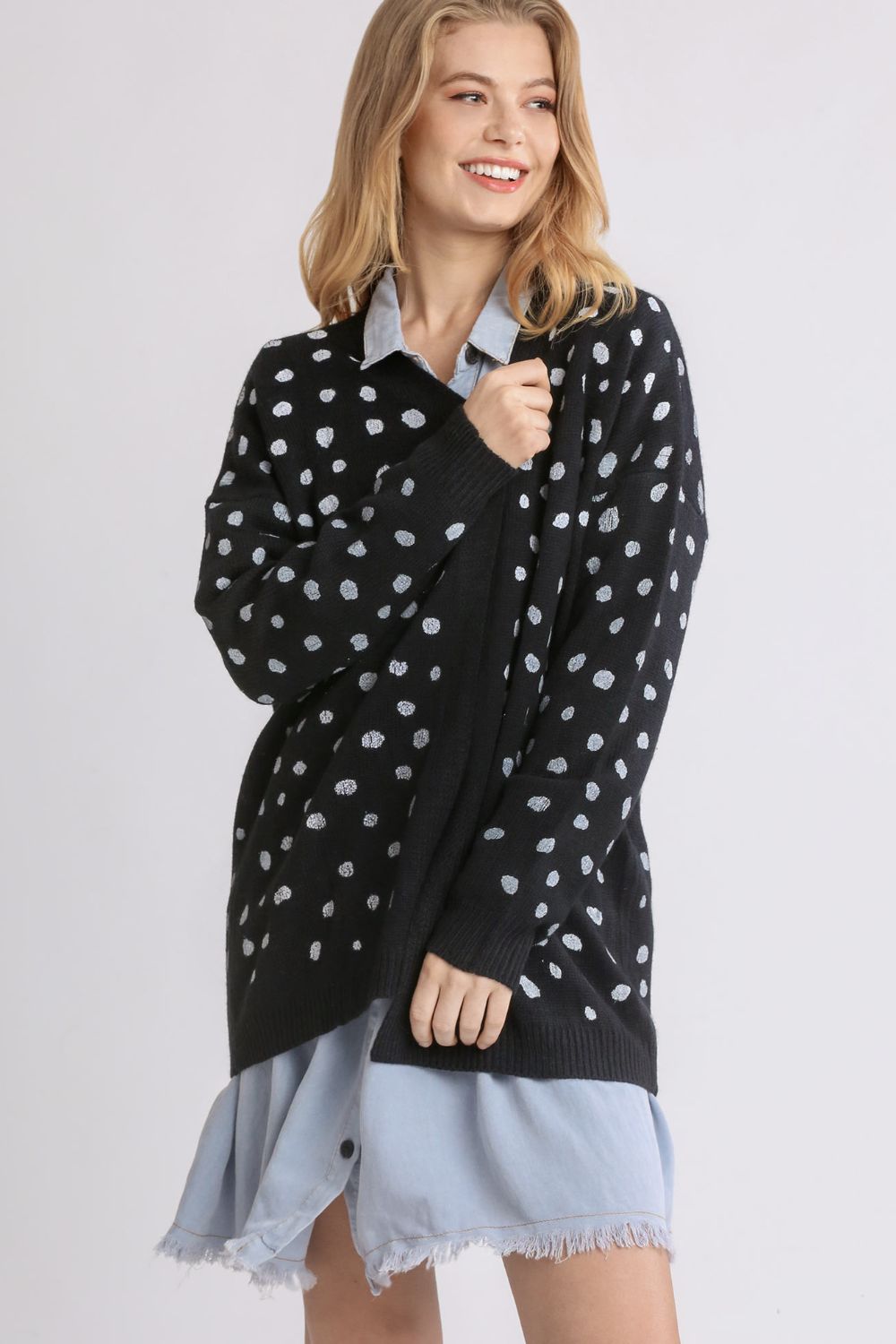 Outfit Flow - Umgee Polka Dot Open Front Drop Shoulder Cardigan