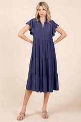 Mittoshop Ruffle Sleeve Collared V Neck Tiered Midi Dress OutfitFlow