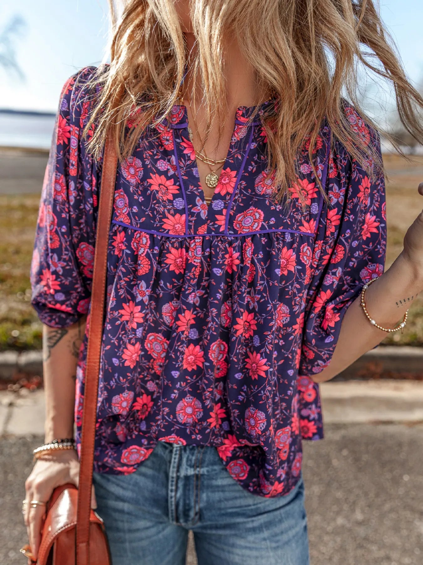 Floral Half Sleeve Split Neck Blouse Top OutfitFlow