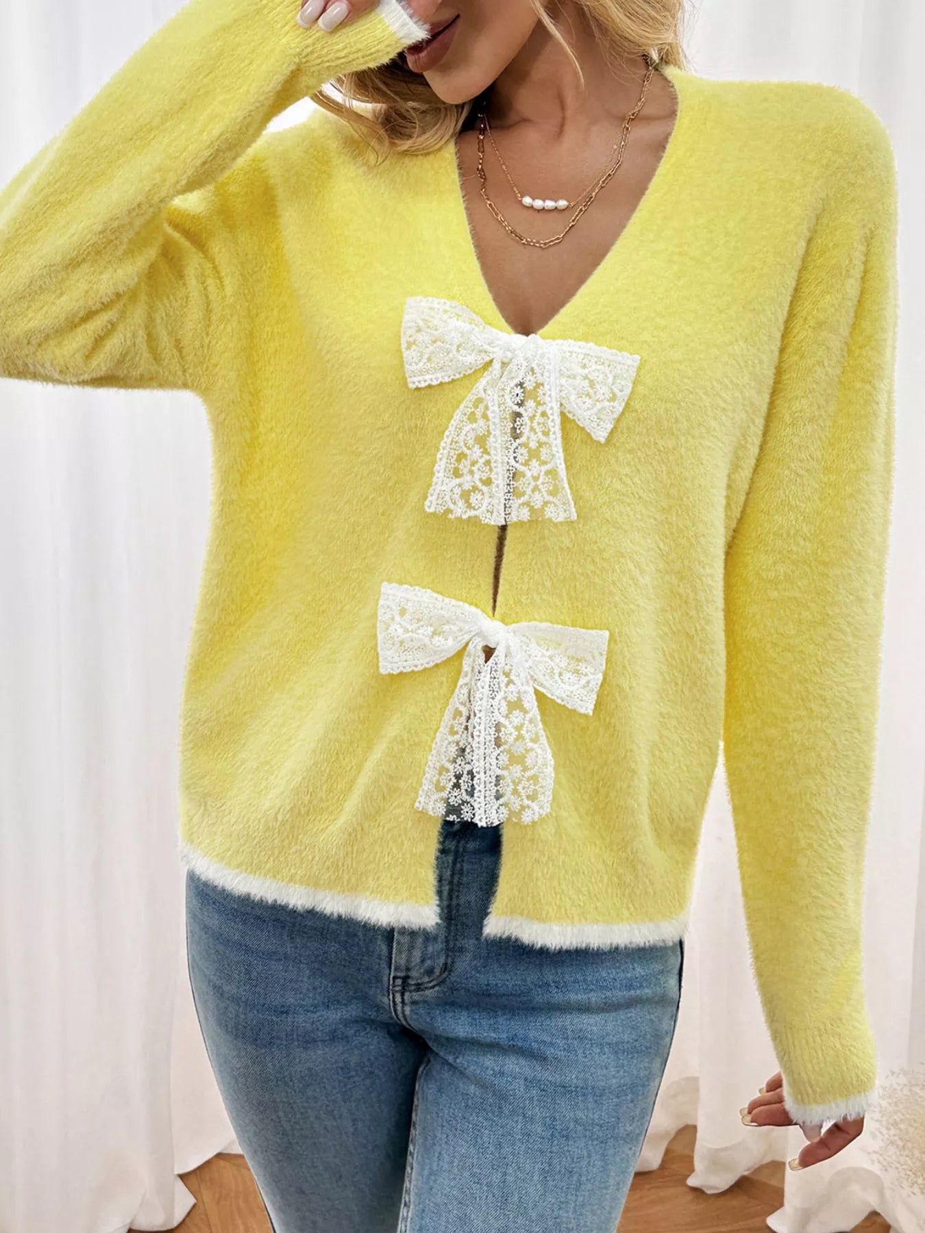 Lace Bow-Tie Front Long Sleeve Cardigan Trendsi