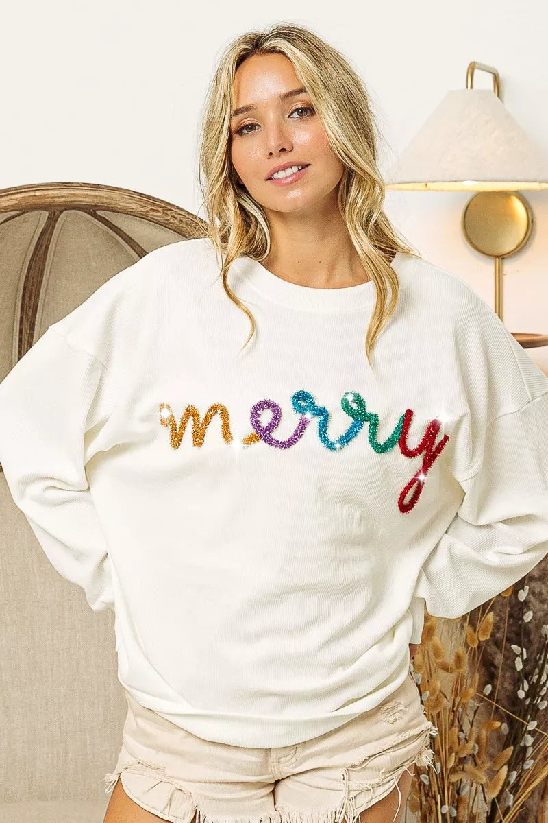 BiBi Merry Tinsel Lettering Drop Shoulder Sweatshirt OutfitFlow