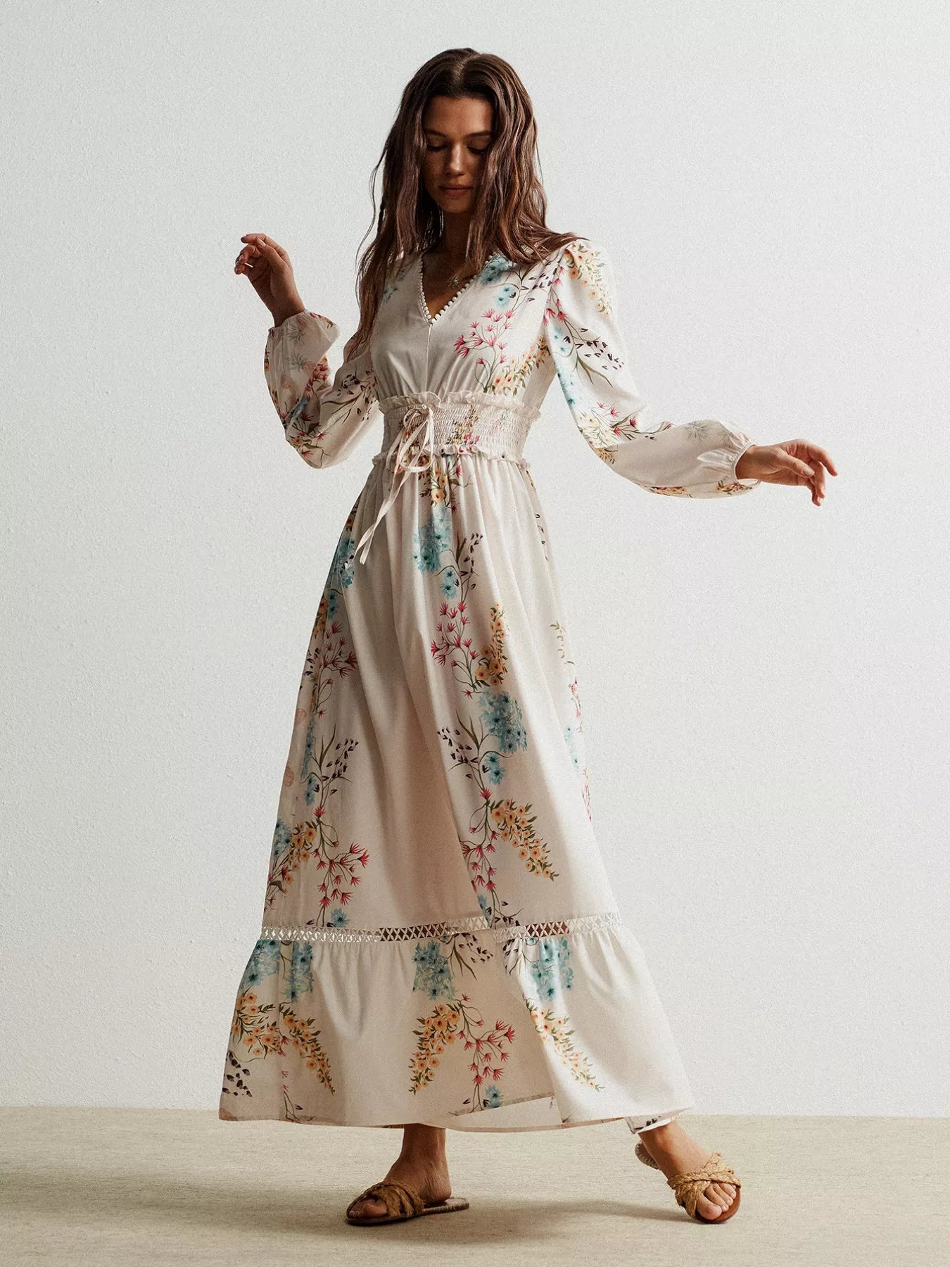 Floral Print Long Sleeve Maxi Dress with Smocked Waist OutfitFlow
