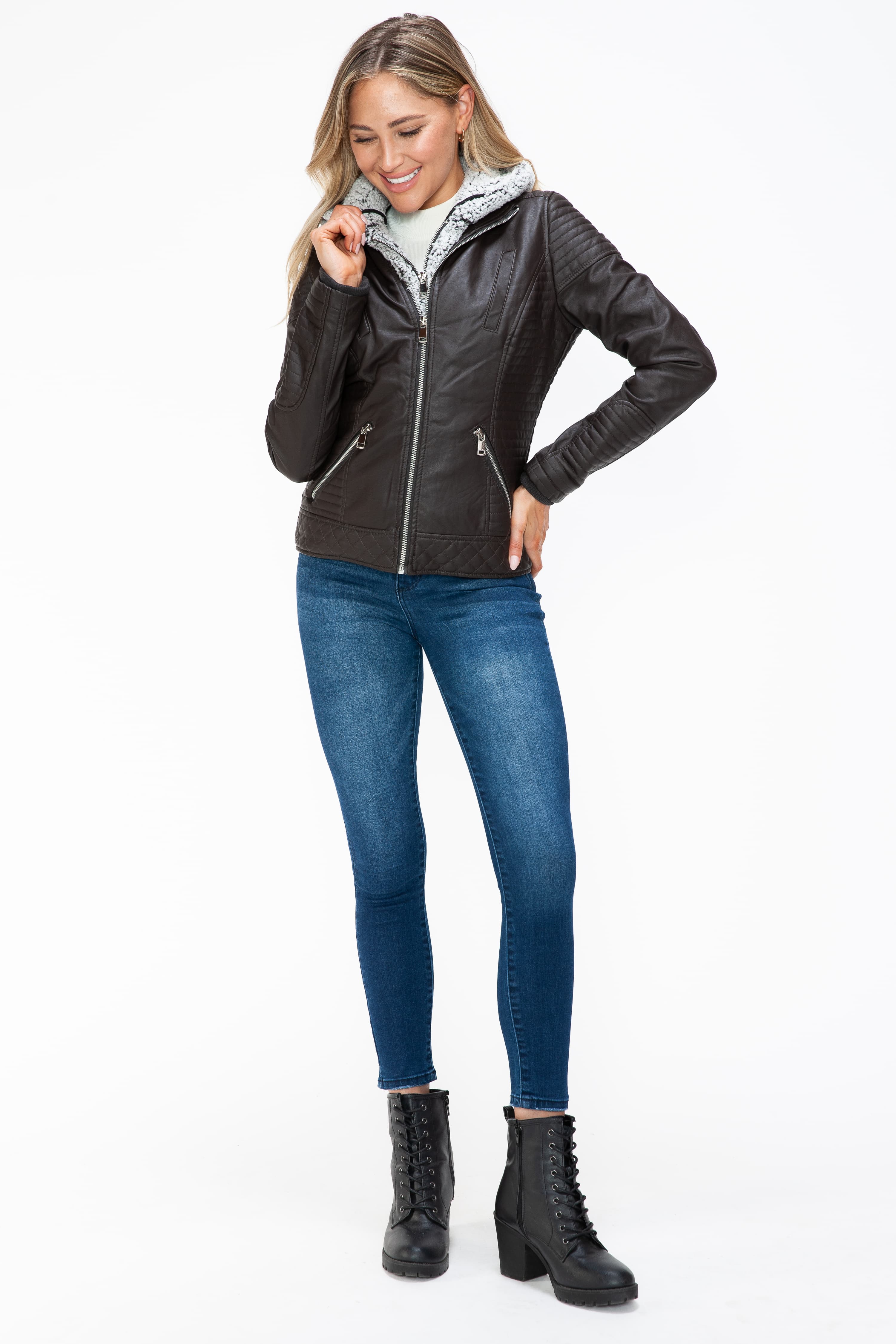 Outfit Flow - YMI Faux Layered Double-Zipper Jacket with Fuzzy Hood