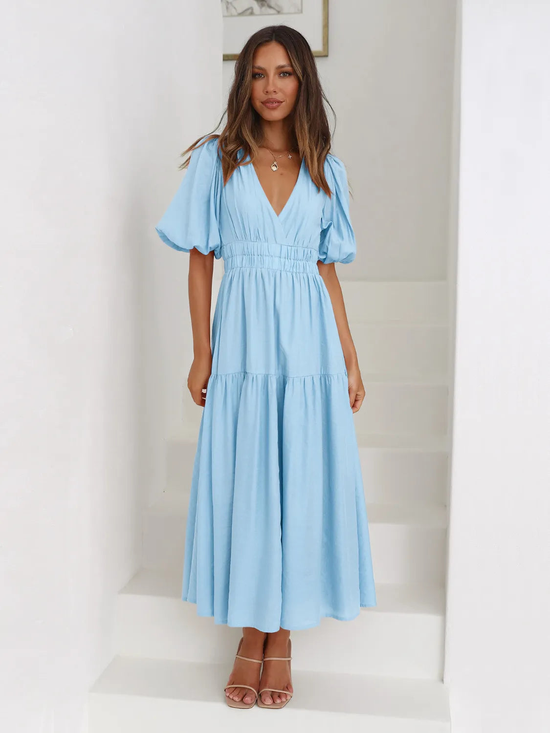 Surplice Half Puff Sleeve Midi Dress OutfitFlow