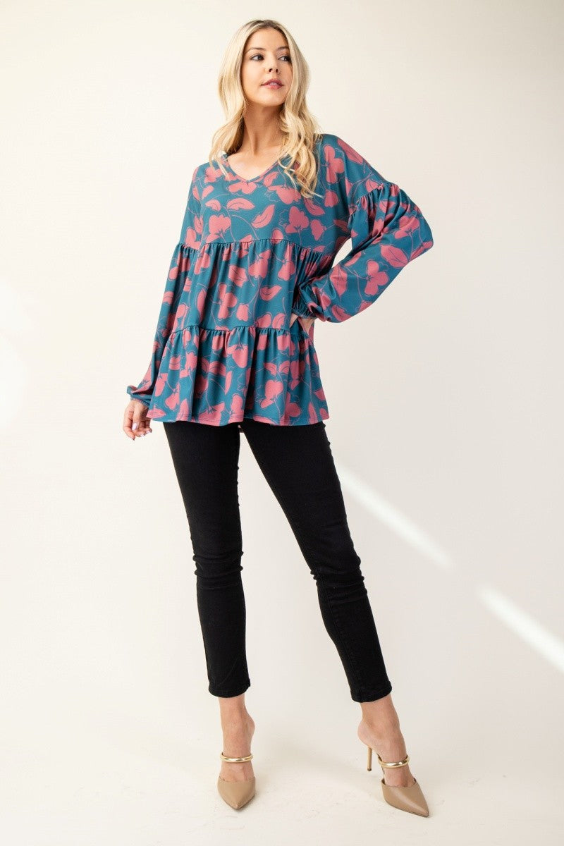 Outfit Flow - Celeste Full Size Tiered Floral V-Neck Long Sleeve Blouse