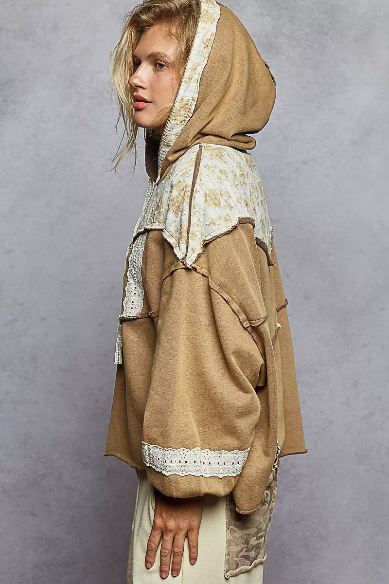 POL Drawstring French Terry Hoodie with Gauze Print Patch OutfitFlow