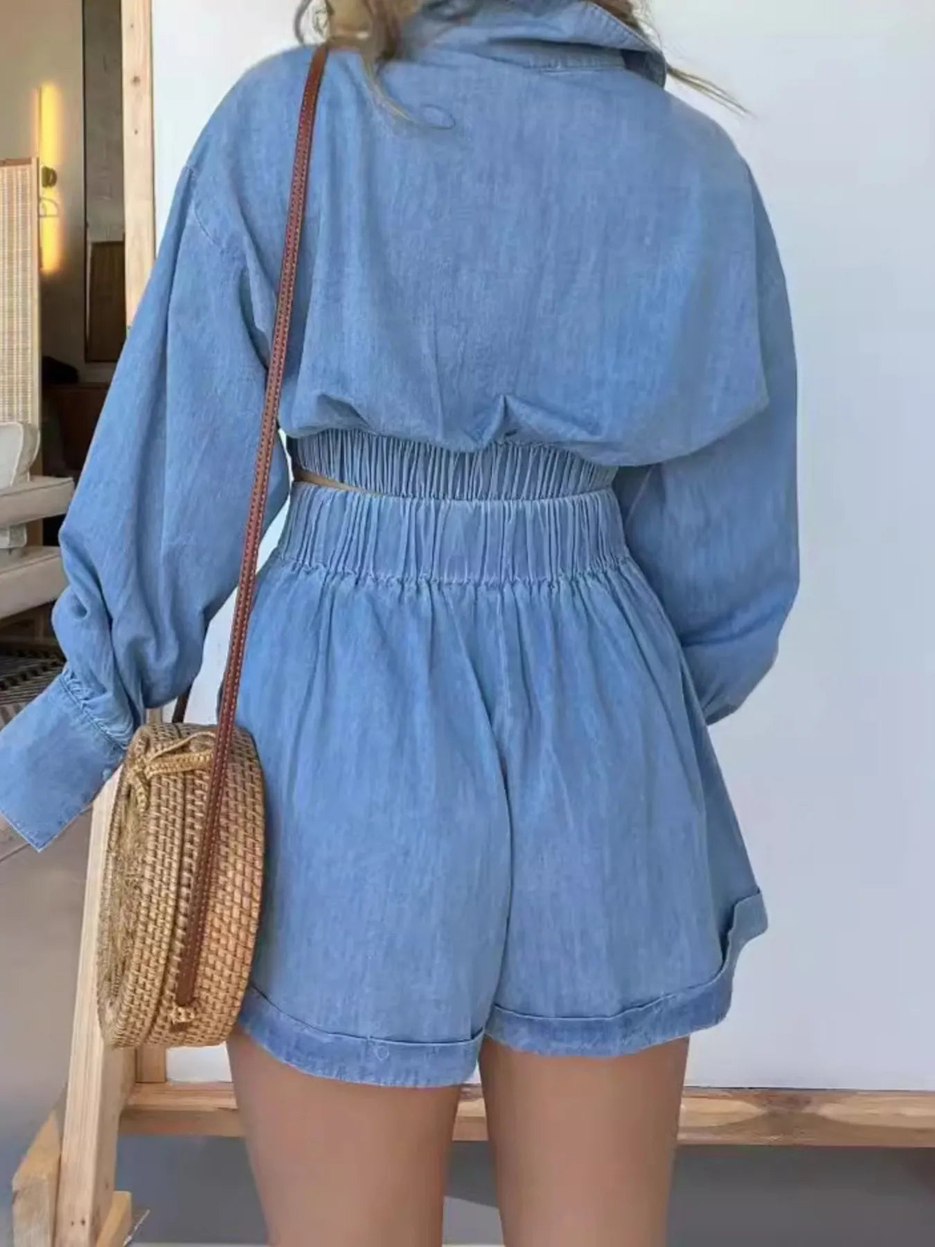 Full Size Long Sleeve Top and Shorts Denim Set Plus Size OutfitFlow