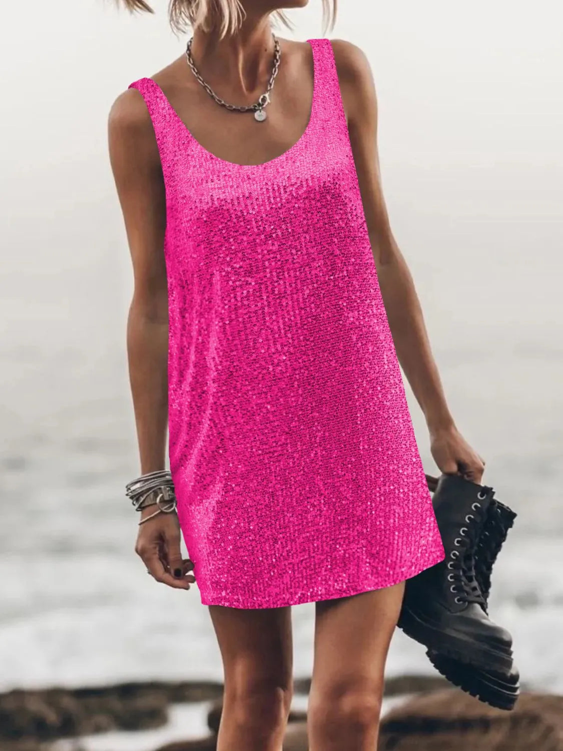 Sequin Scoop Neck Mini Dress OutfitFlow