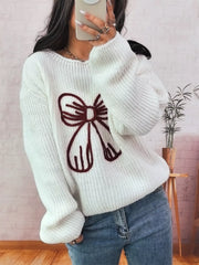 Bow Round Neck Long Sleeve Sweater OutfitFlow