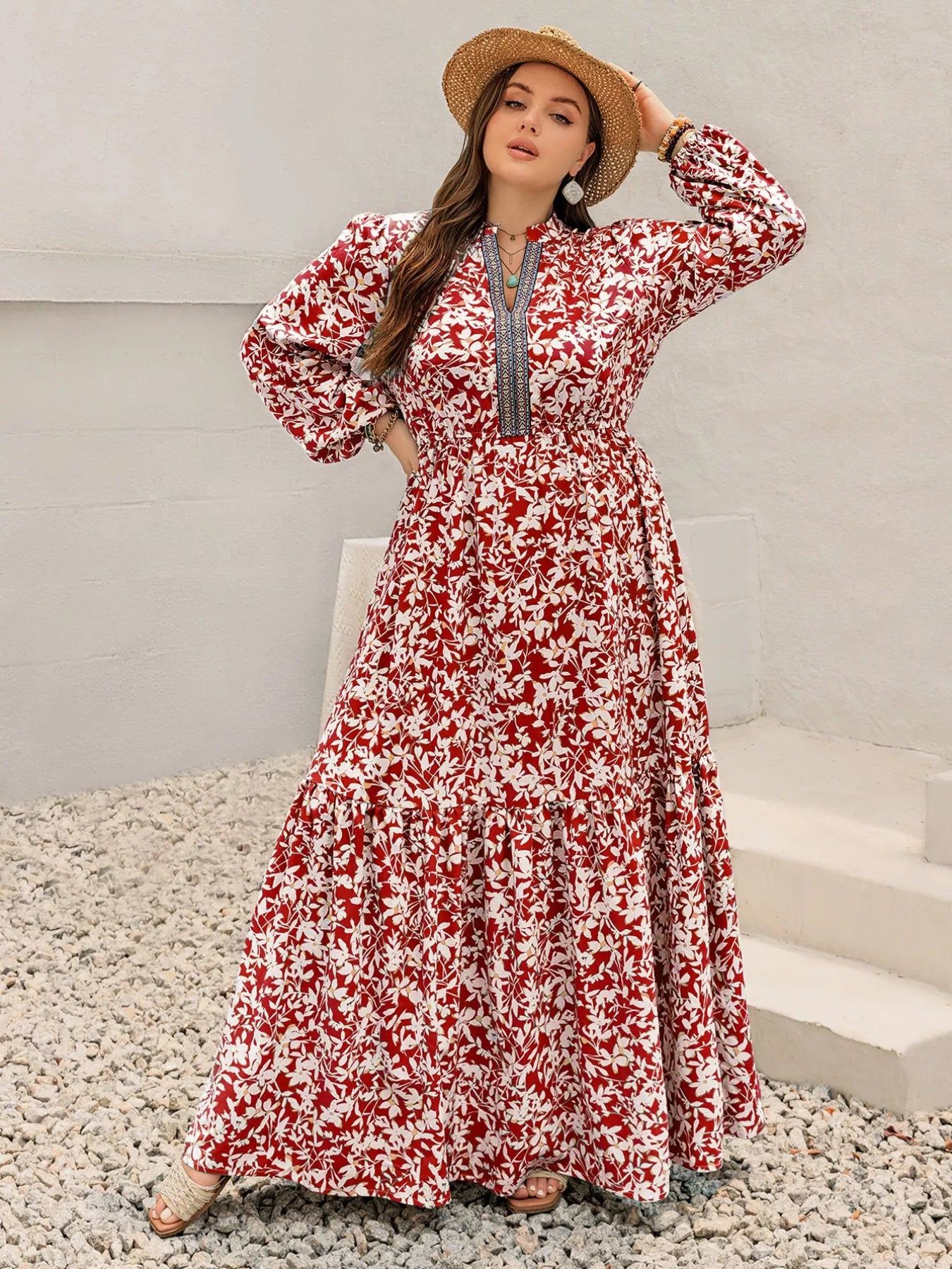 Plus Size Floral Print Long Sleeve Maxi Dress OutfitFlow