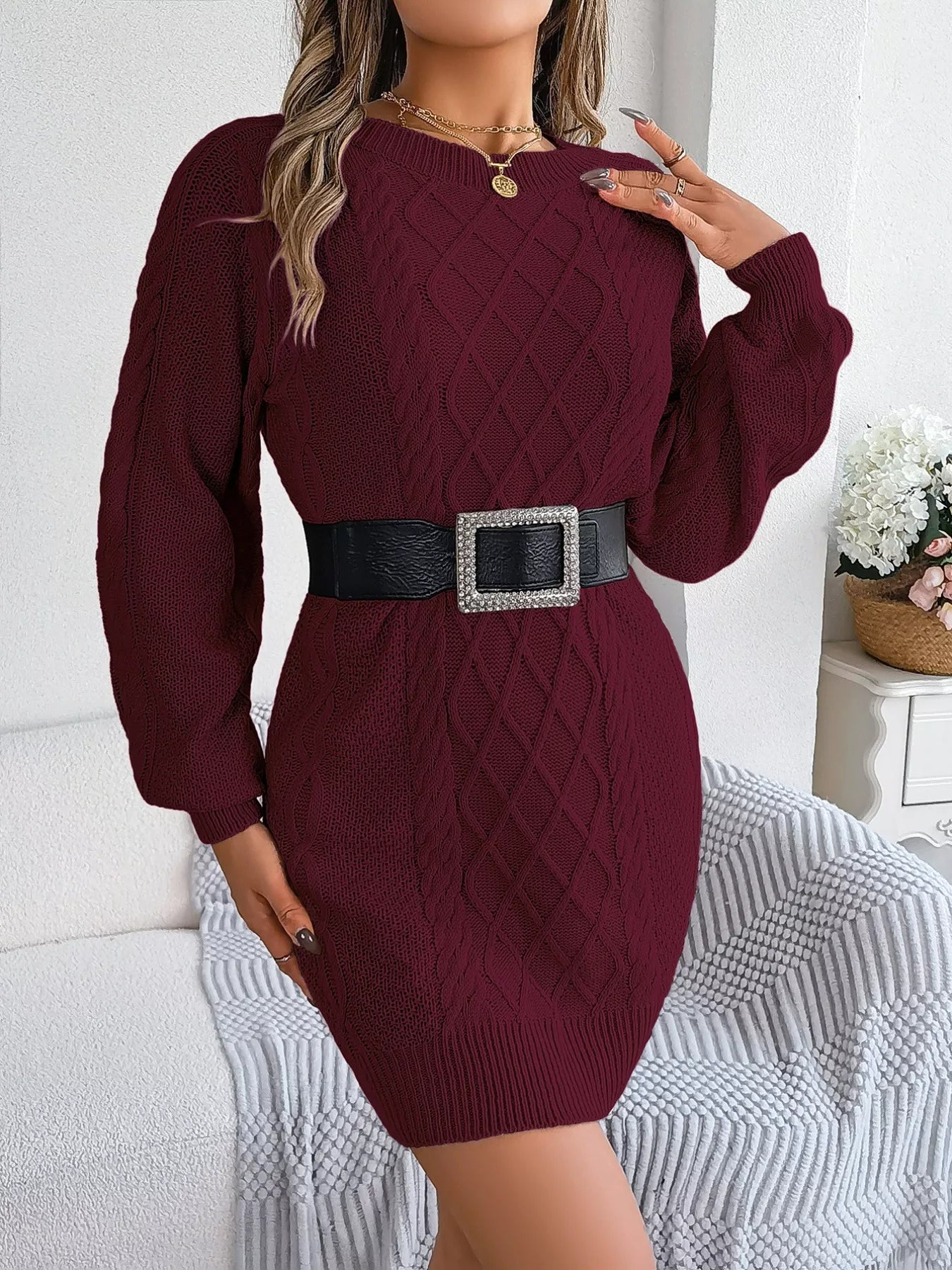 Diamond Cable Knit Sweater Dress with Long Sleeves OutfitFlow