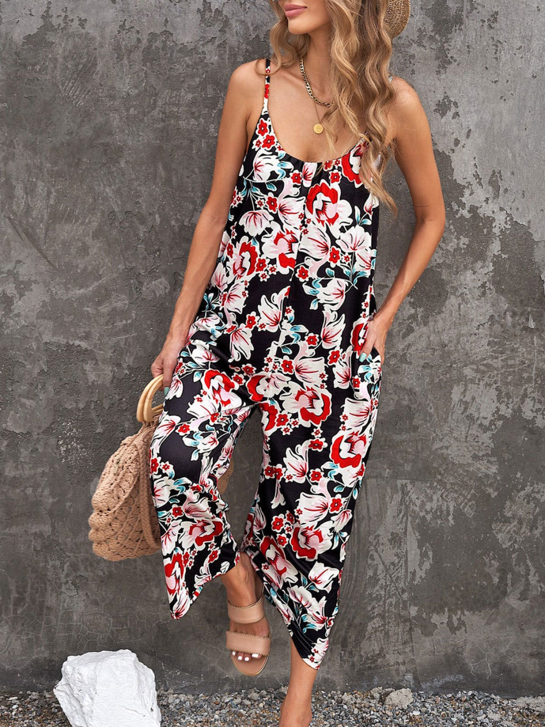 Outfit Flow - Printed Spaghetti Strap Jumpsuit with Pockets