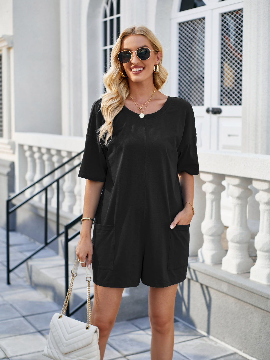 Outfit Flow - Lovelet Backless Pocketed Round Neck Half Sleeve Romper