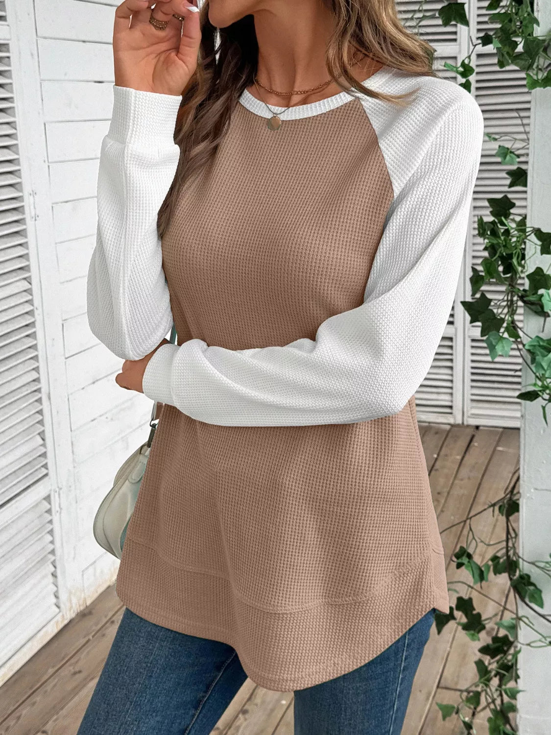 Waffle Knit Raglan Sleeve T-Shirt OutfitFlow