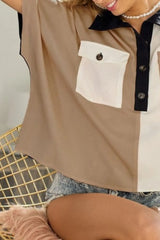 BiBi Color Block Quarter Neck Short Dolan Sleeve Top OutfitFlow