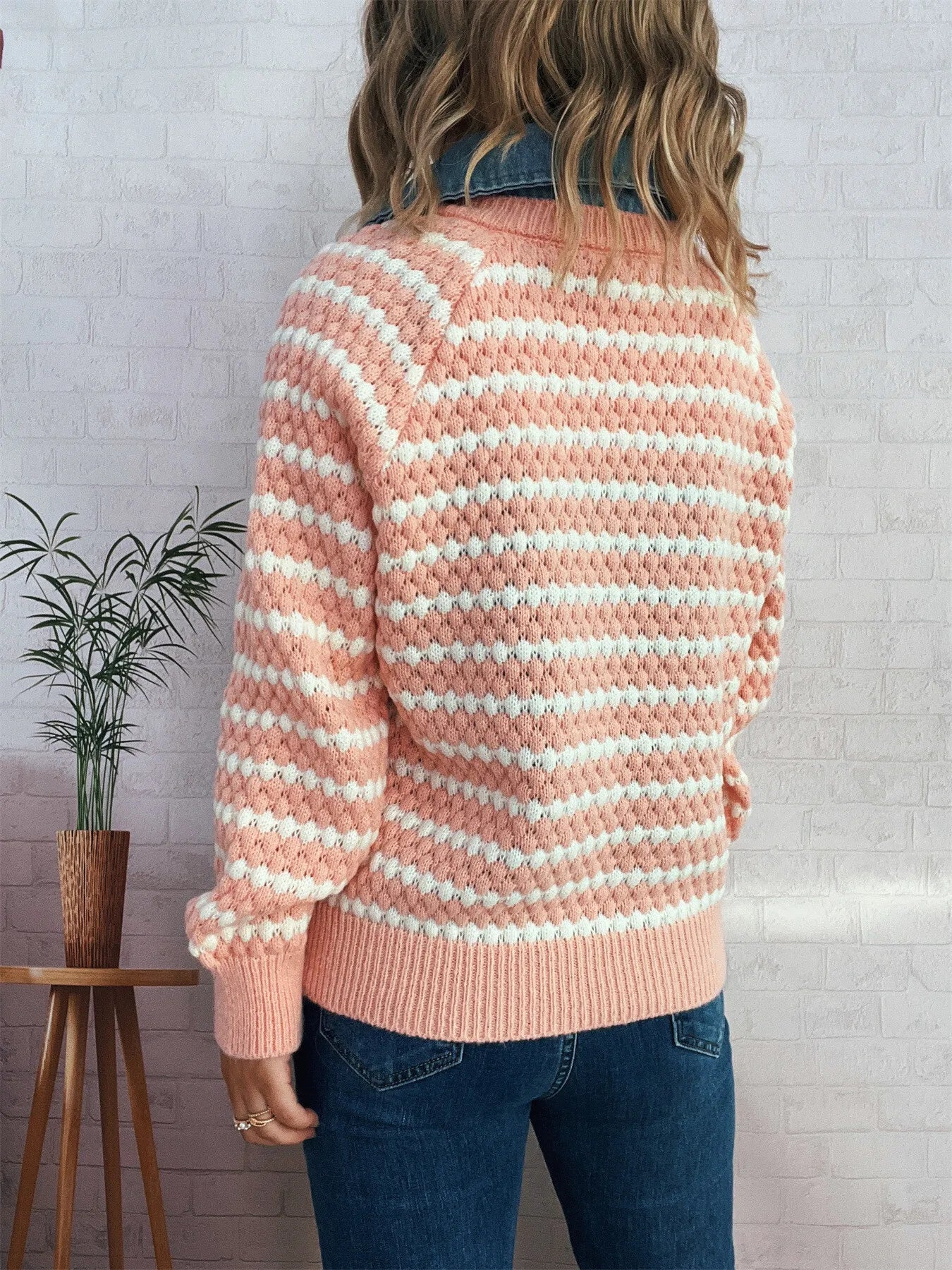 Contrast Striped Sweater with Denim Collar OutfitFlow
