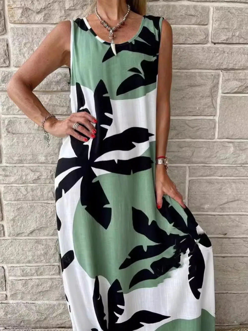 Printed Round Neck Mini Tank Dress Sage OutfitFlow