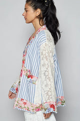 POL Lace Long Sleeve Striped Cardigan with Floral Patchwork Detail OutfitFlow