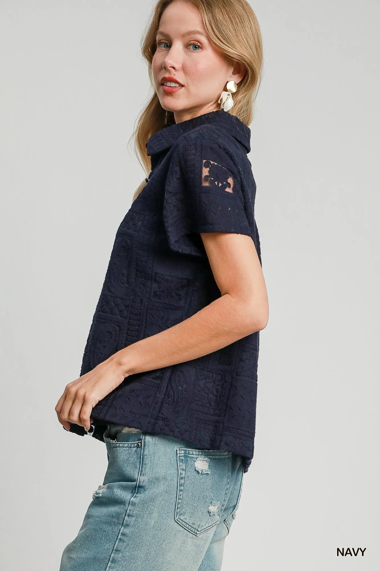 Umgee Patch Lace Short Sleeve Button Down Shirt Trendsi