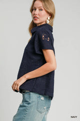 Umgee Patch Lace Short Sleeve Button Down Shirt Trendsi