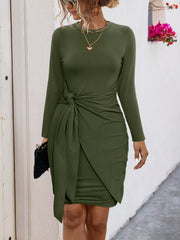 Round Neck Long Sleeve Bodycon Dress Army Green OutfitFlow