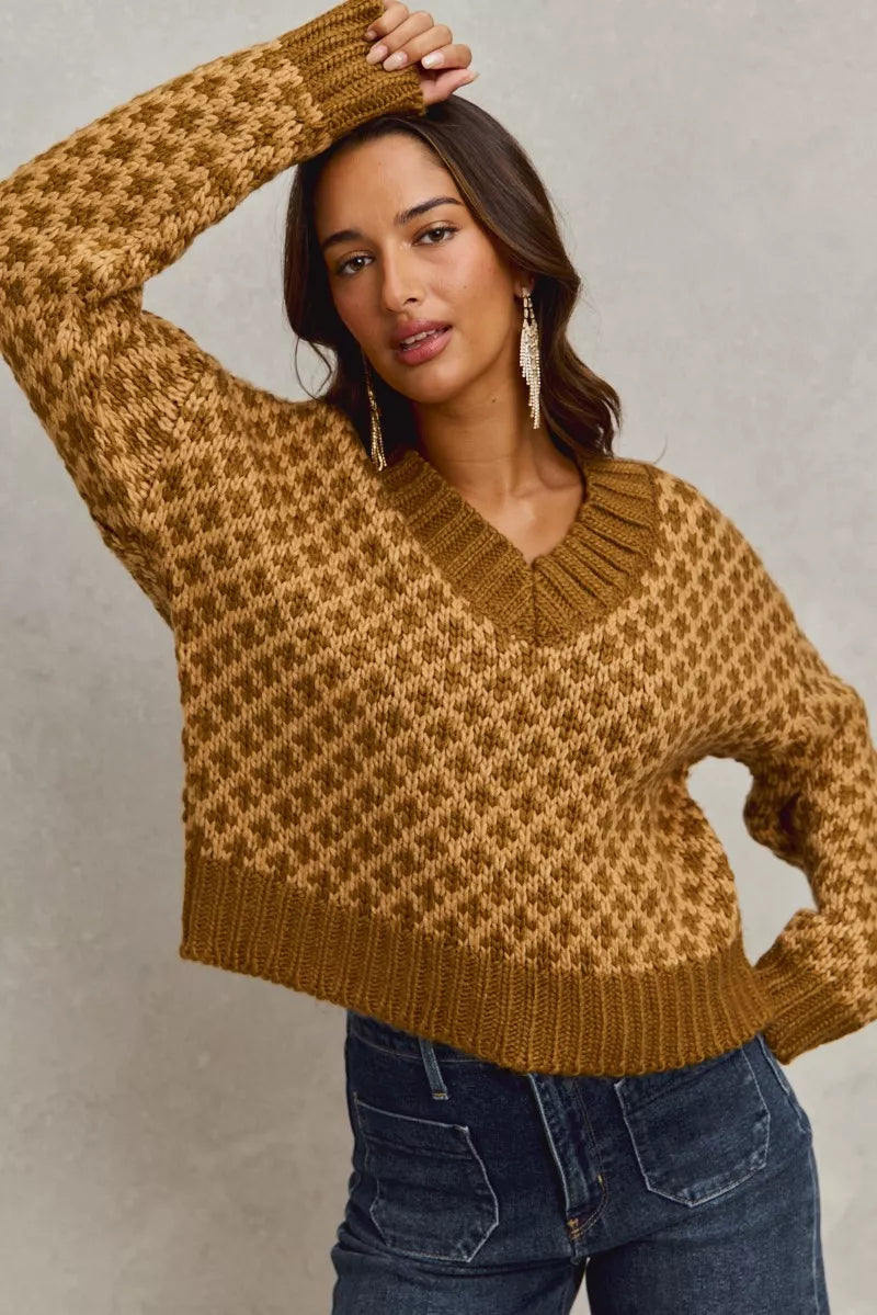SO ME Color Block Textured Christmas Sweater V Neck Top OutfitFlow