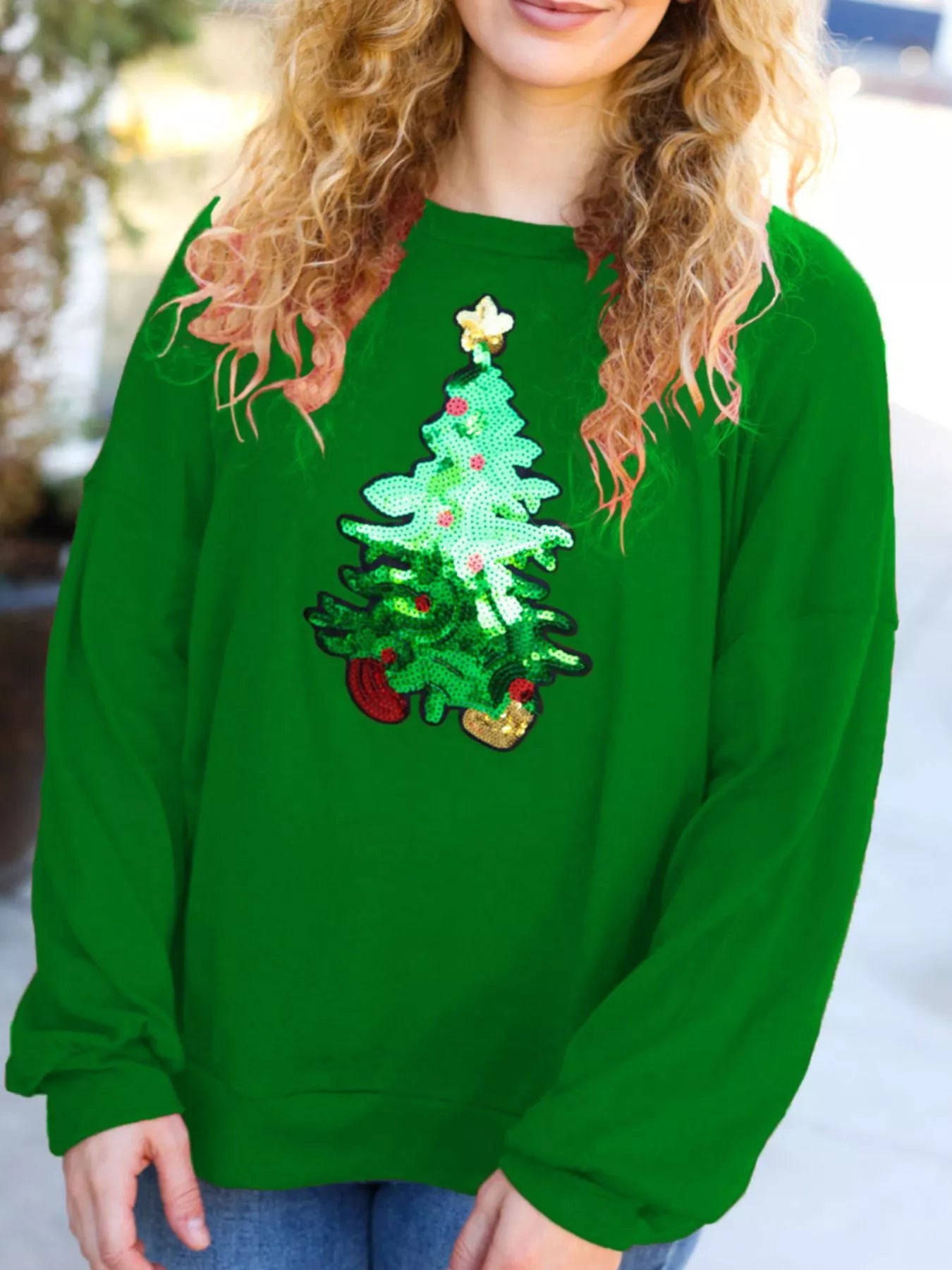 Christmas Tree Sequin Long Sleeve Sweatshirt Green OutfitFlow
